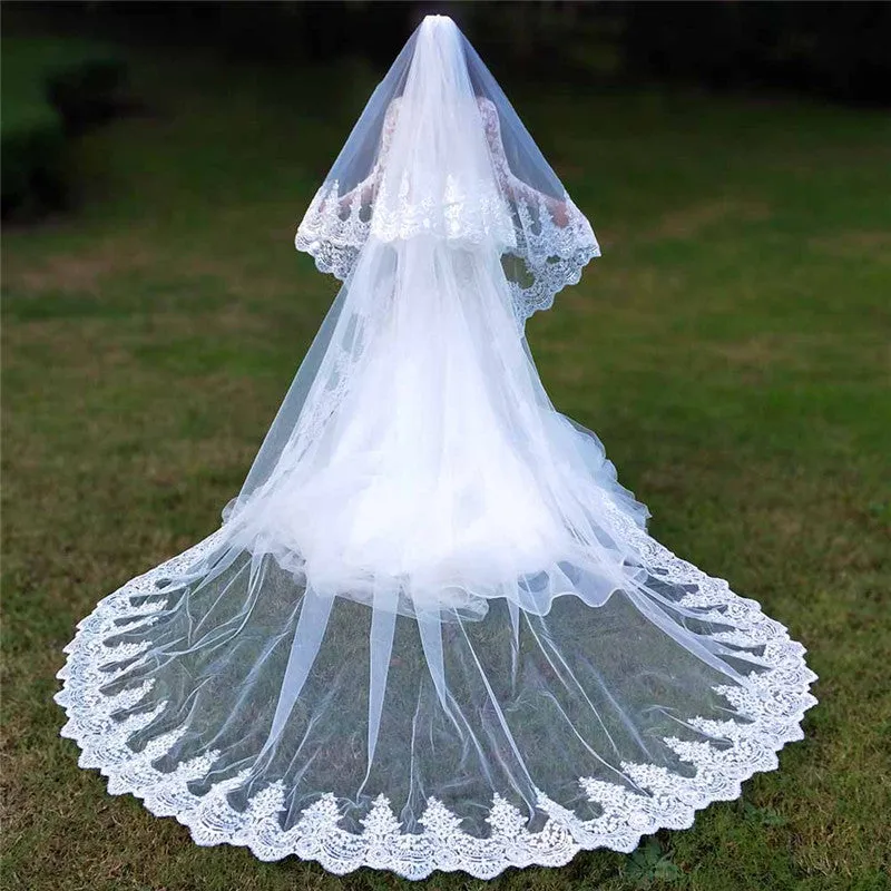 2 Layers Sequins Lace Cathedral Wedding Veils with Comb Long White or Ivory Veil