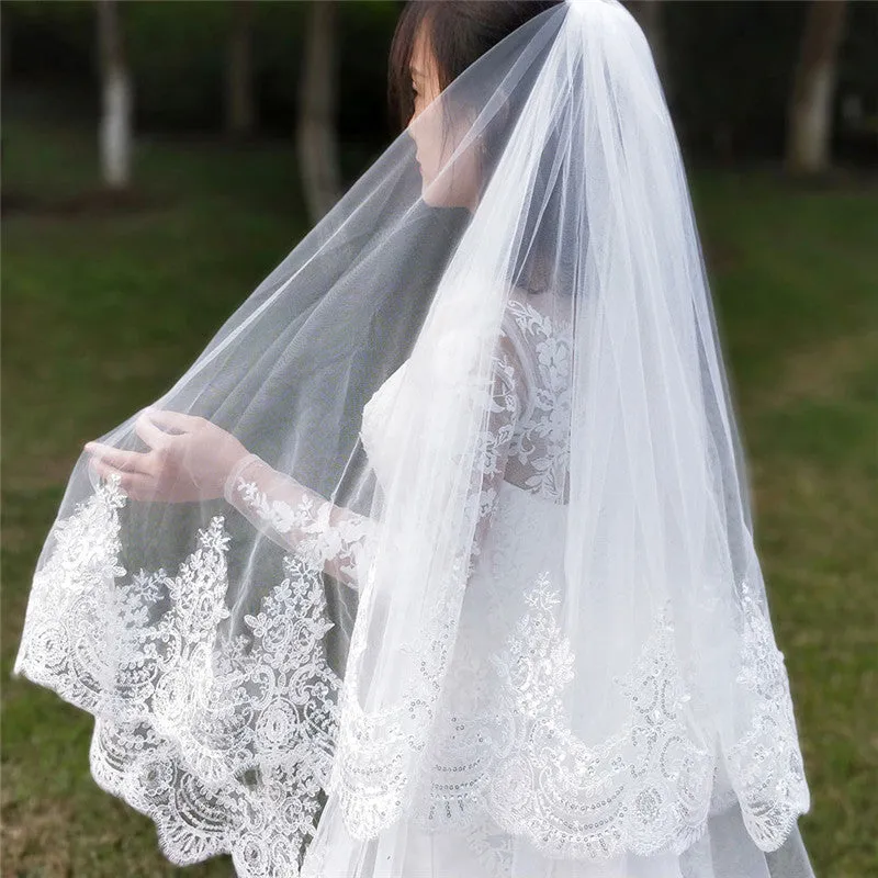 2 Layers Sequins Lace Cathedral Wedding Veils with Comb Long White or Ivory Veil