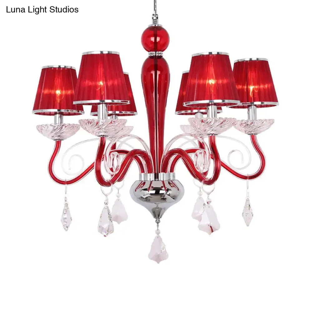6-Head Chandelier Light Fixture: Conical Fabric Shade, Crystal Dining Room Pendant Lighting