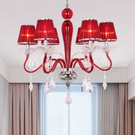 6-Head Chandelier Light Fixture: Conical Fabric Shade, Crystal Dining Room Pendant Lighting