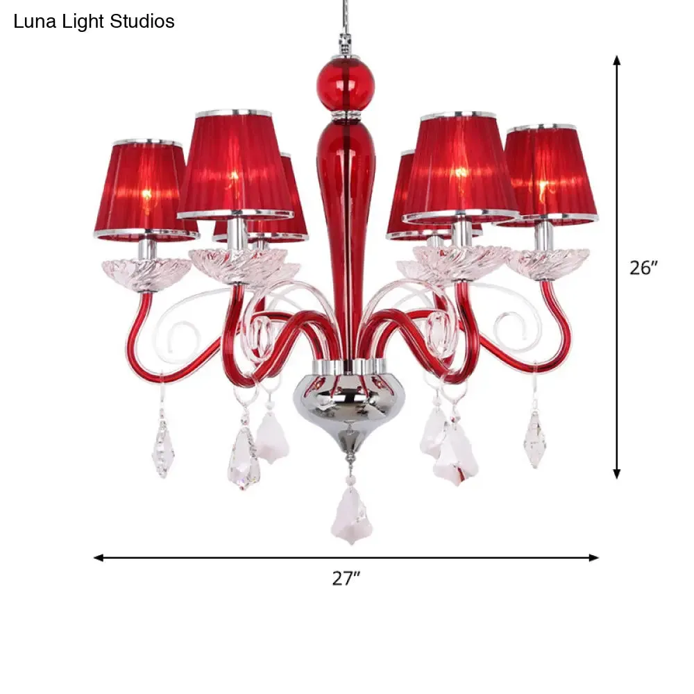 6-Head Chandelier Light Fixture: Conical Fabric Shade, Crystal Dining Room Pendant Lighting