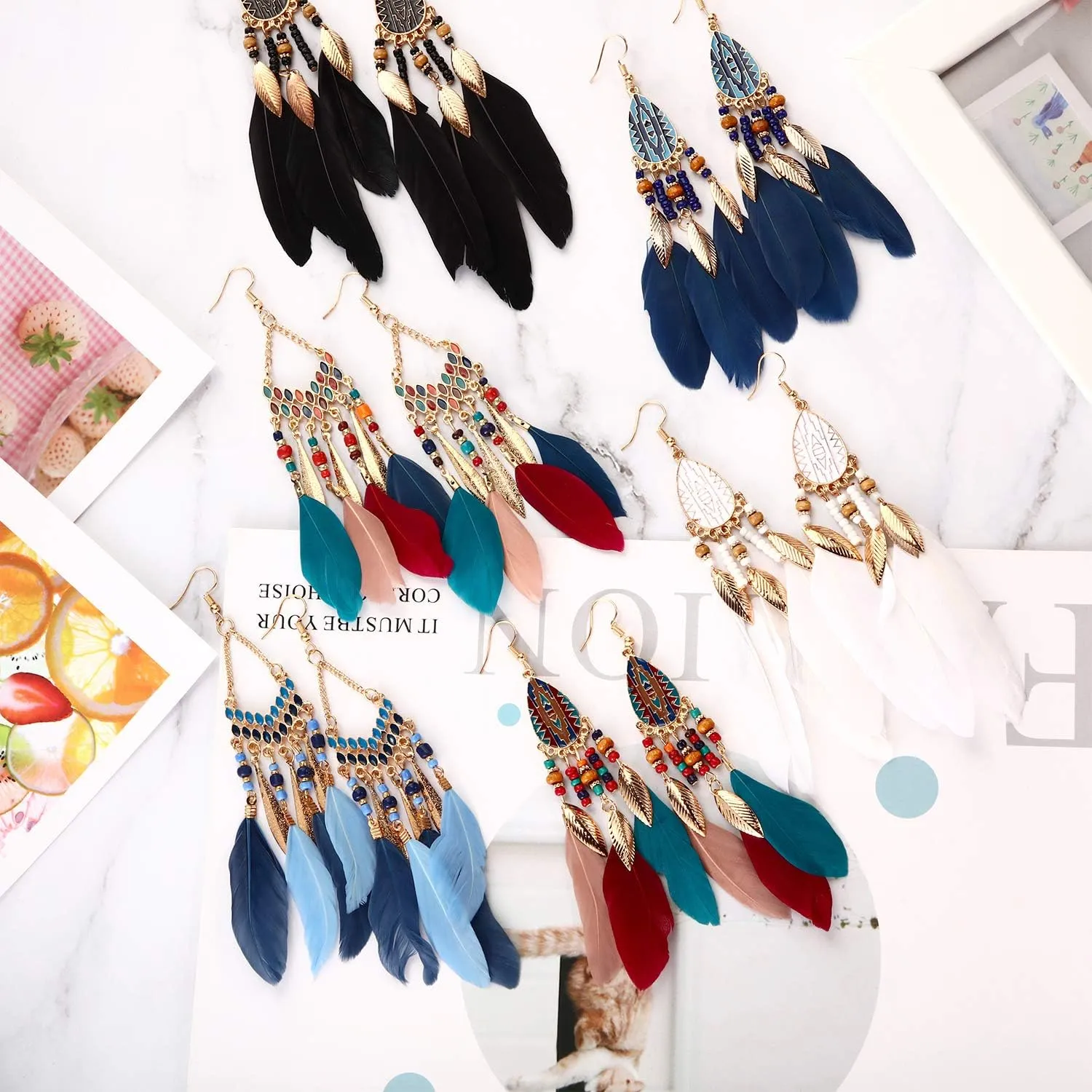 6 Pairs Women Faux Feather Earrings Dream Catcher Bohemian Fringe Tassel Long Drop Dangle Earrings Set with Design for Women
