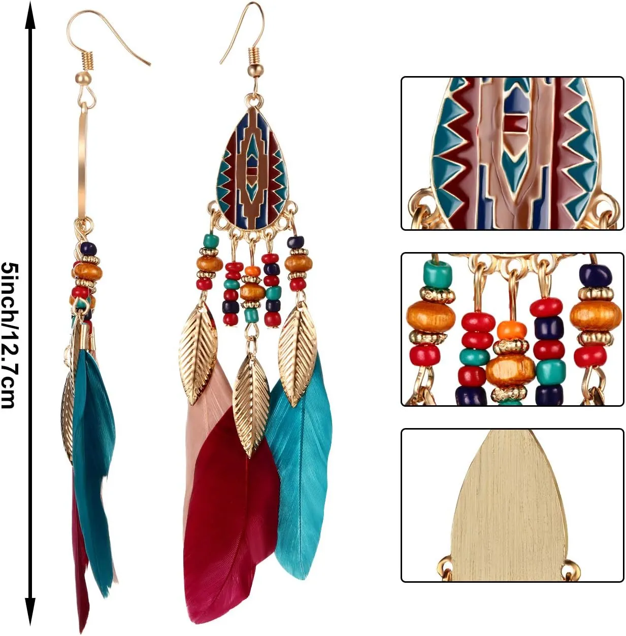 6 Pairs Women Faux Feather Earrings Dream Catcher Bohemian Fringe Tassel Long Drop Dangle Earrings Set with Design for Women