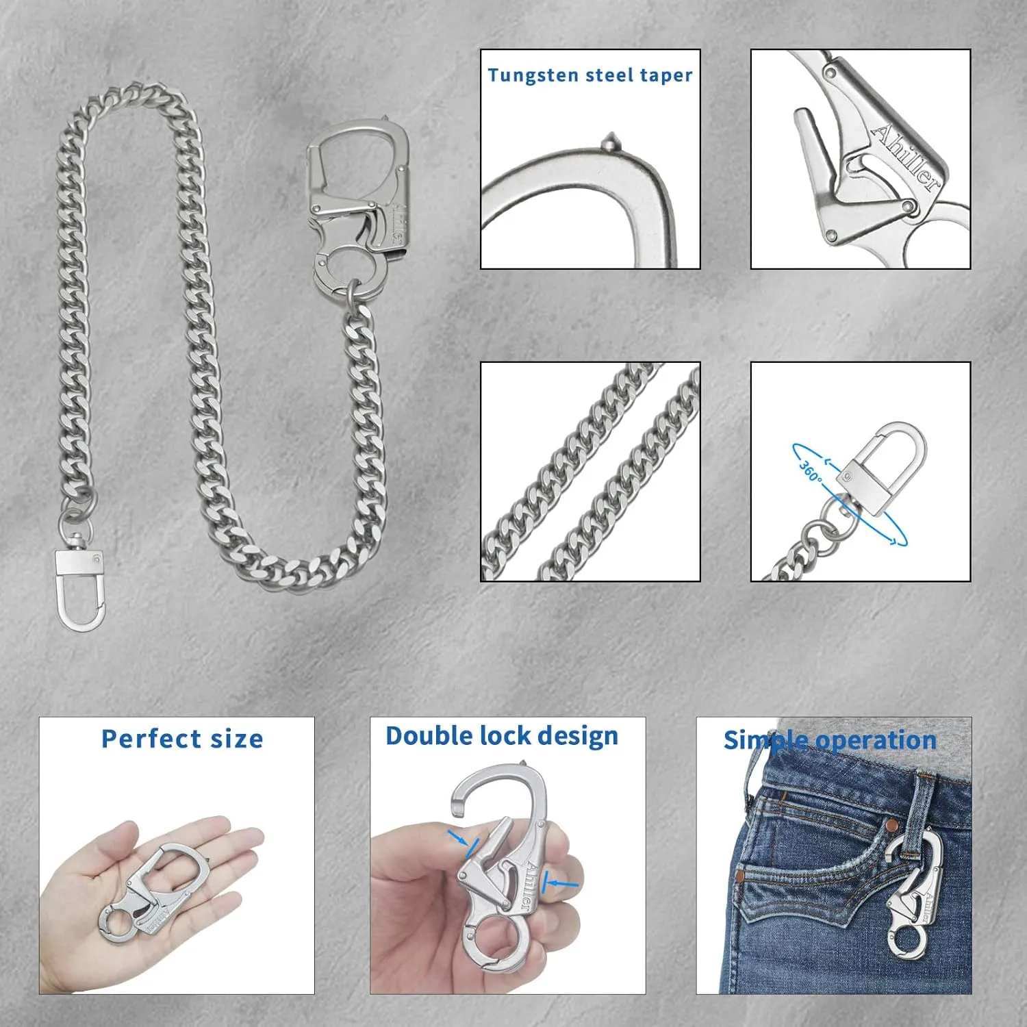 Ahiller Wallet Chain for Men, Lockable Carabiner with Tungsten Steel Taper, Heavy Duty Chain for Key Pocket Belt