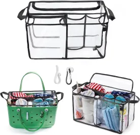AMOIGEE Clear Beach Bag Organizer Insert with Zipper Closure Lid and 3pcs Accessories for Bogg Bag XL - Tote Insert Bag Divider with Sunglasses Holder, Clips Hooks