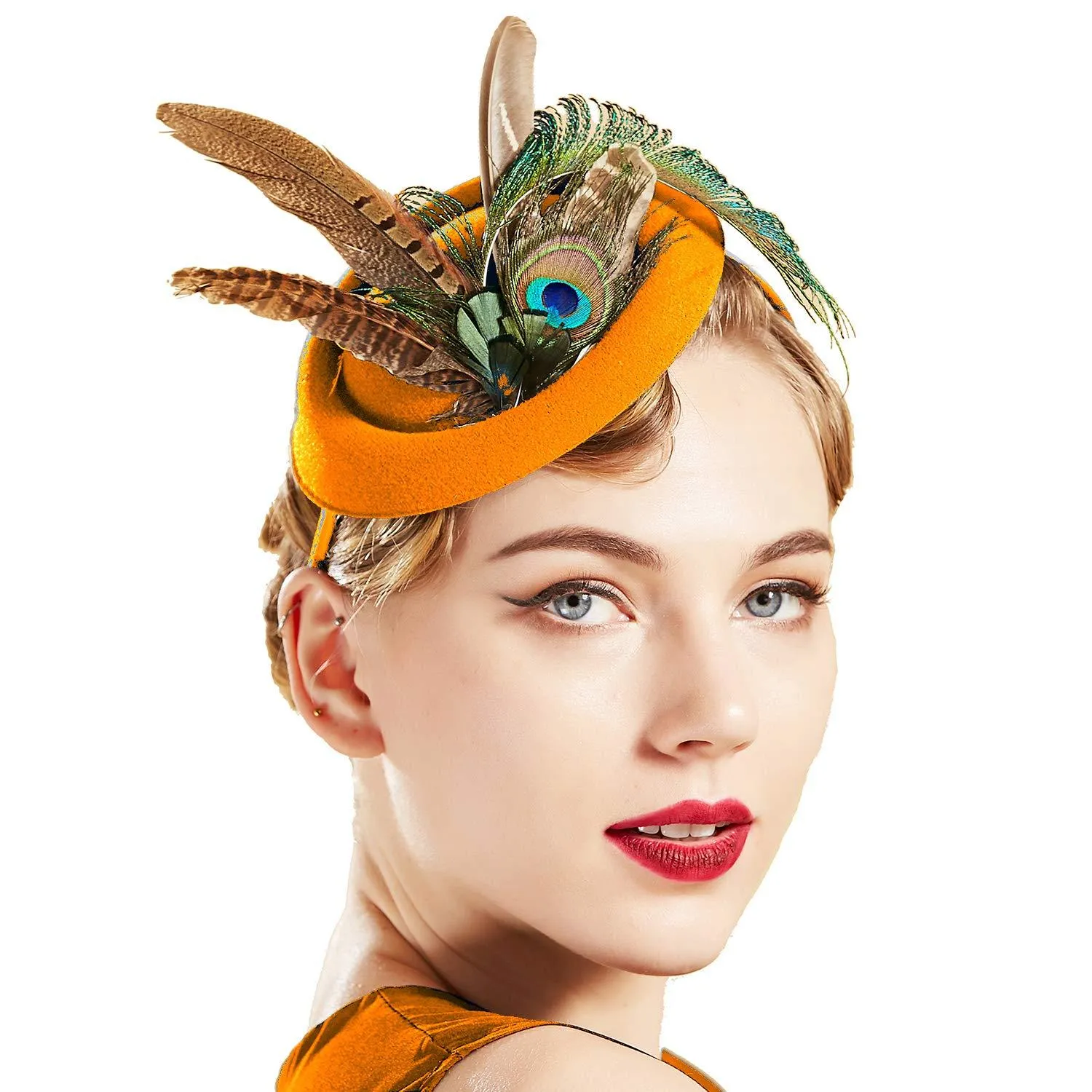 BABEYOND Fascinators Hat Derby Pillbox Hat Cocktail Tea Party Feather Headband Orange