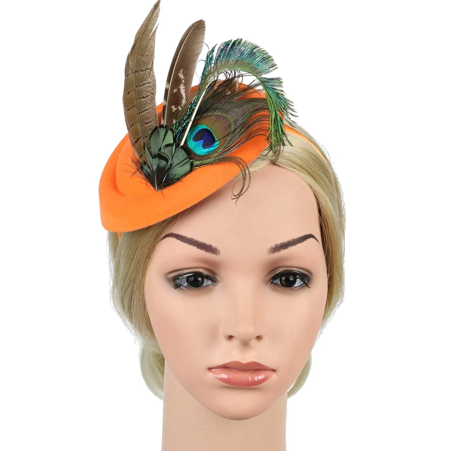 BABEYOND Fascinators Hat Derby Pillbox Hat Cocktail Tea Party Feather Headband Orange