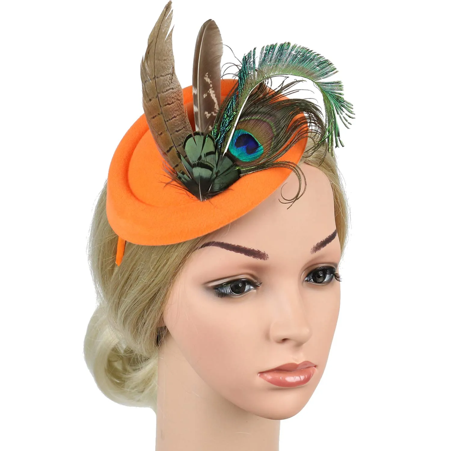 BABEYOND Fascinators Hat Derby Pillbox Hat Cocktail Tea Party Feather Headband Orange