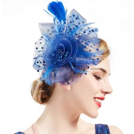 BABEYOND Women's Fascinators Hat Mesh Feather Fascinator Veil Kentucky Derby Hat for Cocktail Tea Party Blue