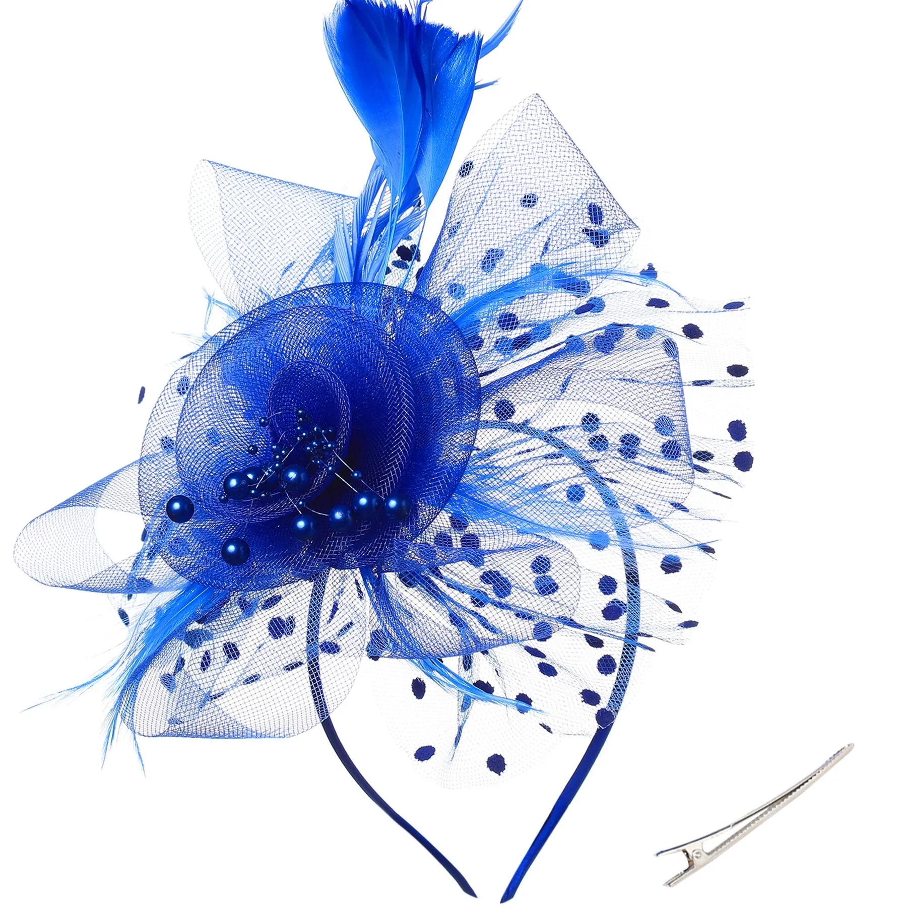 BABEYOND Women's Fascinators Hat Mesh Feather Fascinator Veil Kentucky Derby Hat for Cocktail Tea Party Blue
