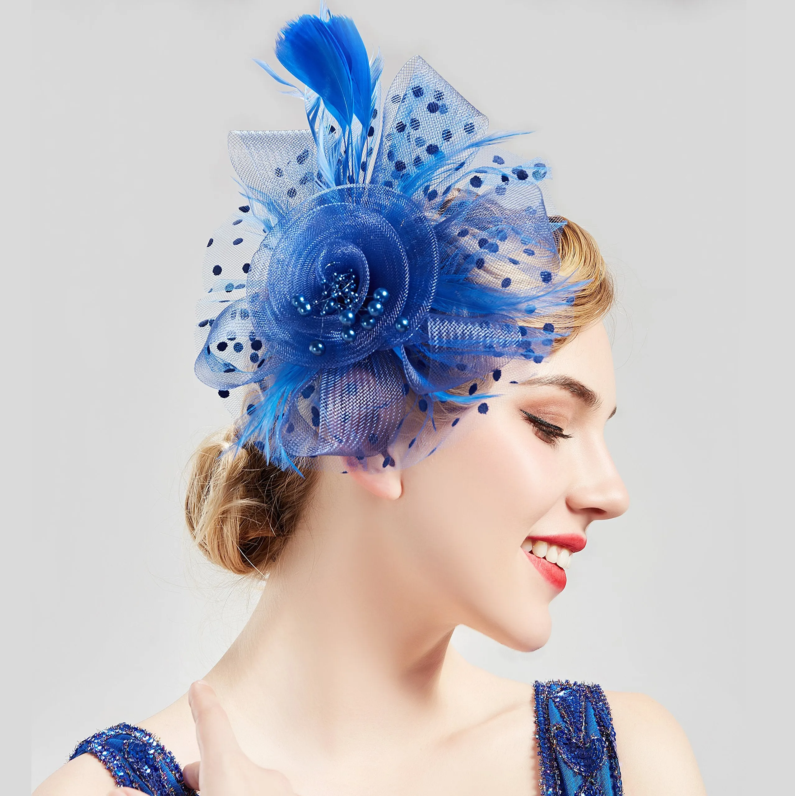 BABEYOND Women's Fascinators Hat Mesh Feather Fascinator Veil Kentucky Derby Hat for Cocktail Tea Party Blue