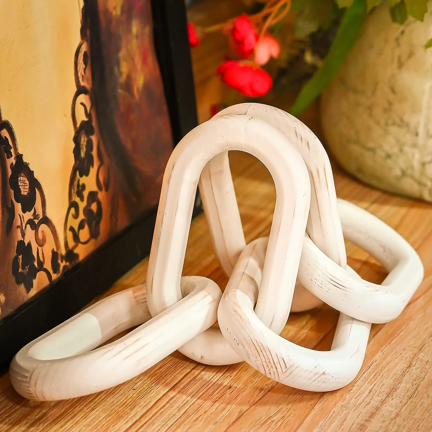 Baidast Wood Chain Link Decor-White Boho Home Decor Modern Farmhouse Decorative Objects Hand Carved 5 Link Chain Decor for Coffee Table Tiered Tray Table (22.75Inch)