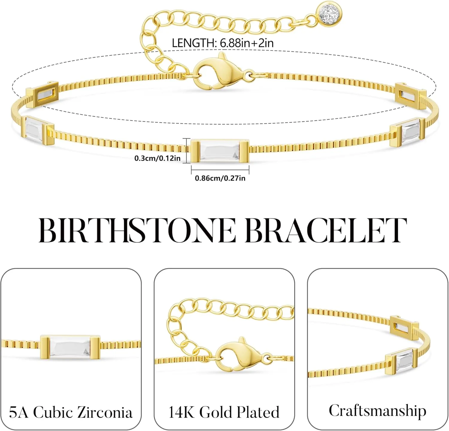 Birthstone Gold Bracelets for Women, Dainty Trendy 14K Gold Plated Link Bracelet Non Tarnish Simple Birthstone Bracelet Jewelry for Mom Wife Best Friends