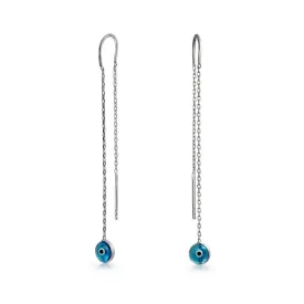 Blue Nazar Evil Eye Murano Glass Dangle Earrings Thin Chain  Sterling Silver