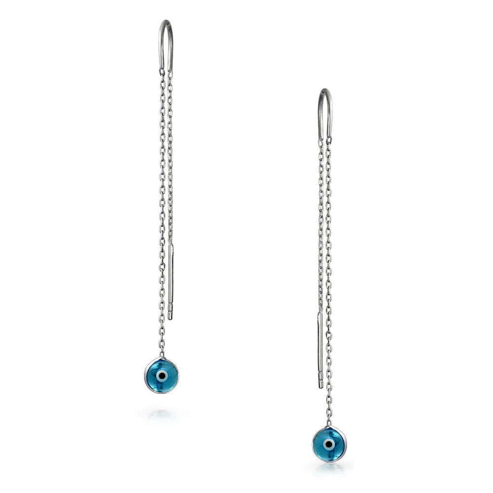 Blue Nazar Evil Eye Murano Glass Dangle Earrings Thin Chain  Sterling Silver