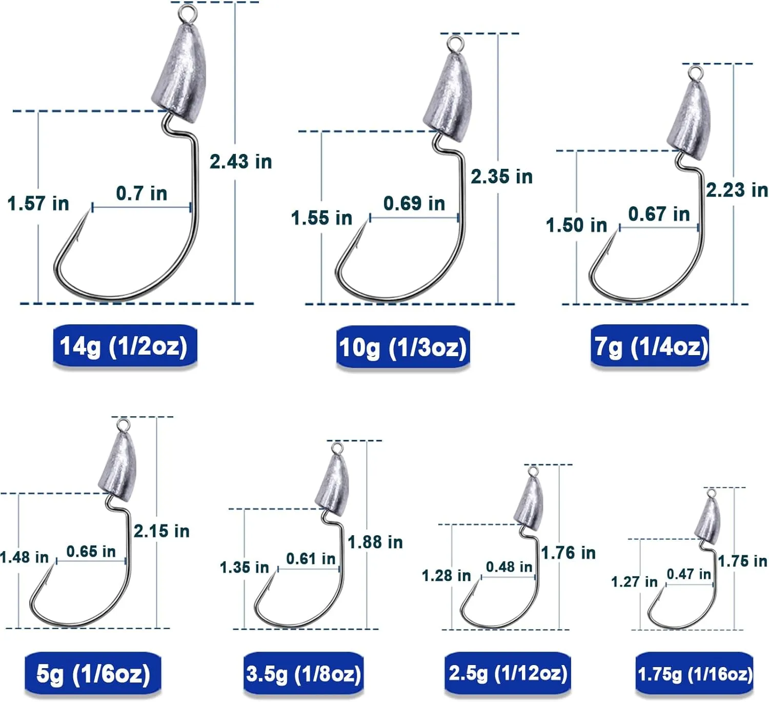 Bullet Jig Head Weighted Hooks,10pcs Texas Rigs EWG Hooks for Bass Fishing Saltwater 1/16 1/8 1/4 1/2 oz
