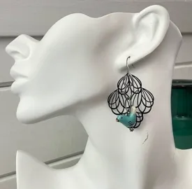 Ceramic Blue Bird & Black Filigree Statement Dangle Earrings 2.5” Chain Mixed Metal Art Deco Women Gift Everyday Fashion Handmade Jewelry