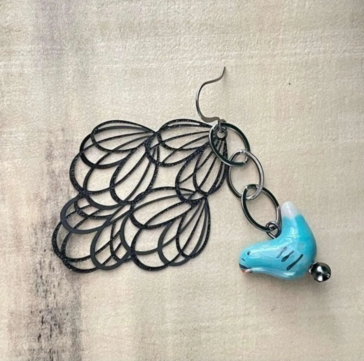 Ceramic Blue Bird & Black Filigree Statement Dangle Earrings 2.5” Chain Mixed Metal Art Deco Women Gift Everyday Fashion Handmade Jewelry