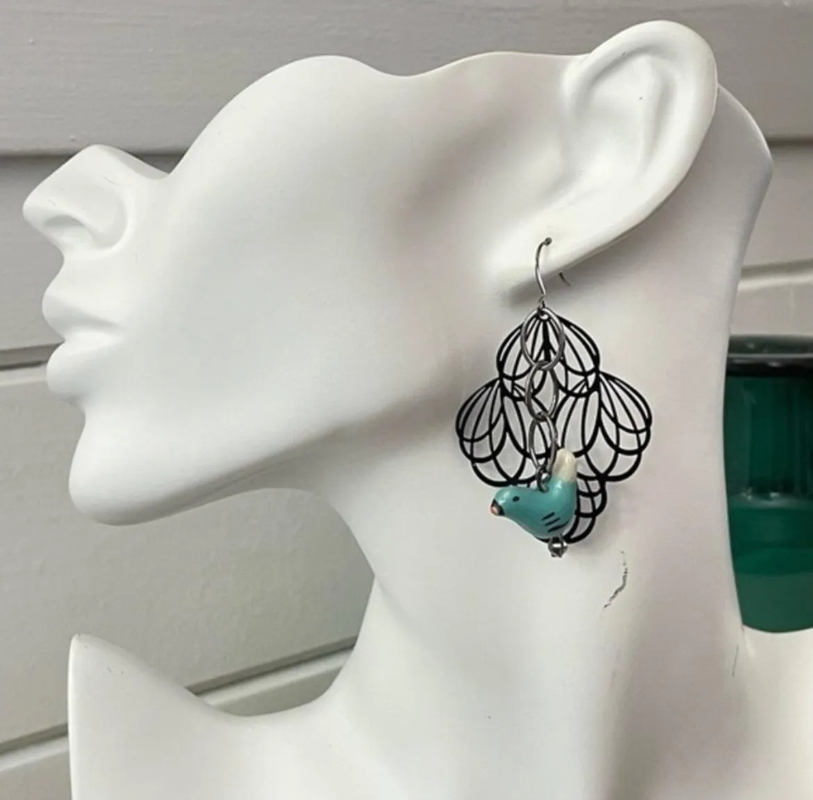 Ceramic Blue Bird & Black Filigree Statement Dangle Earrings 2.5” Chain Mixed Metal Art Deco Women Gift Everyday Fashion Handmade Jewelry