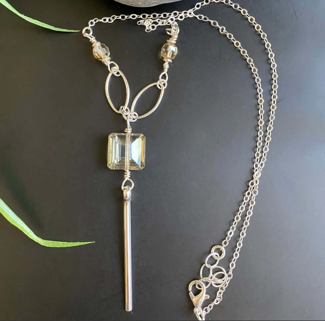 Crystal Drop Bar Necklace Silver Chain Made in USA