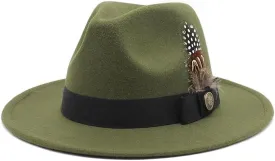 DHAEY Gentleman Classical British Jazz Feather Hat Decorated Face Woolen Hat, Autumn and Winter Woolen Felt Hat Luopan Caps & Hats (Color : Army Green, Size : 56-58cm)