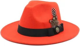 DHAEY Gentleman Classical British Jazz Feather Hat Decorated Face Woolen Hat, Autumn and Winter Woolen Felt Hat Luopan Caps & Hats (Color : Orange, Size : 56-58cm)