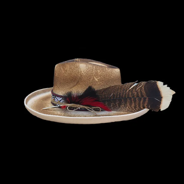 Distressed Fedora with Feather Wide Band with Various Colors