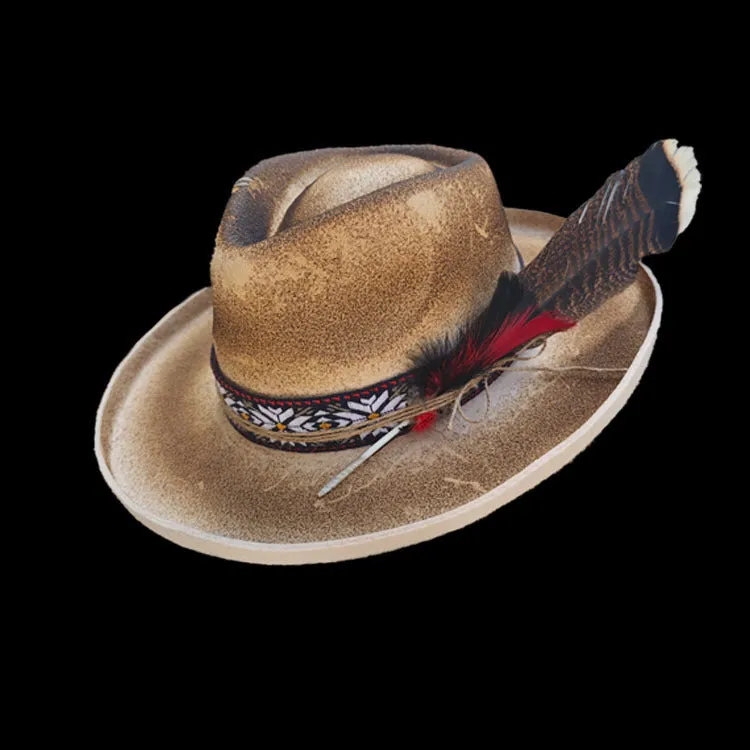 Distressed Fedora with Feather Wide Band with Various Colors