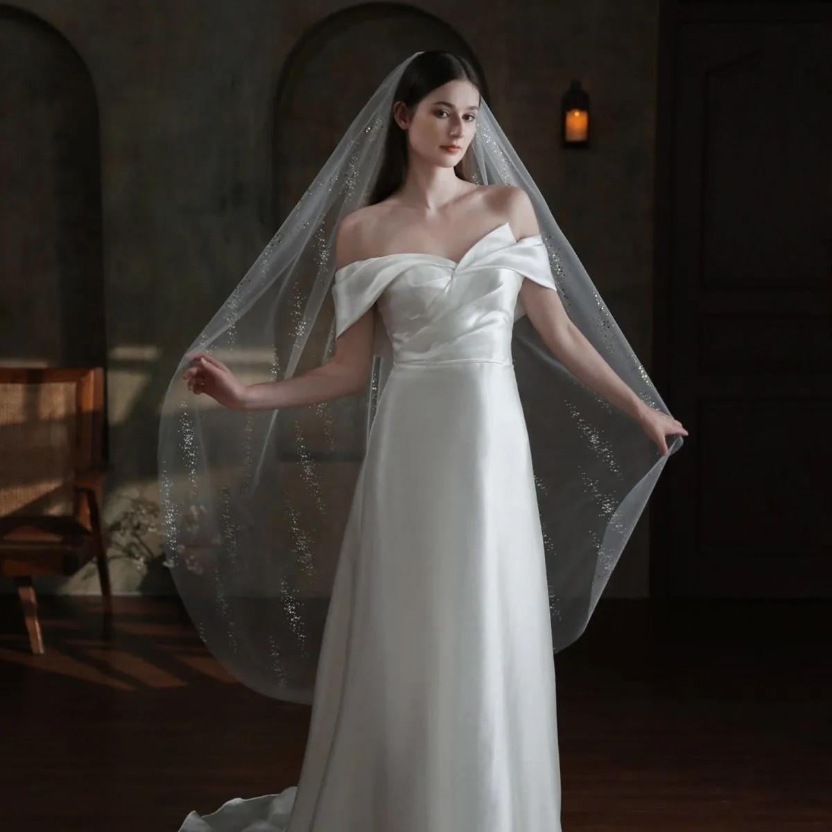 Embroidered Lace Veil Sequined Veil Gold Veil