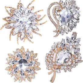 Ezing 4 Pieces Lot Large Big Silver Gold Plated Assorted Crystal Rhinestones Brooch Pins Set