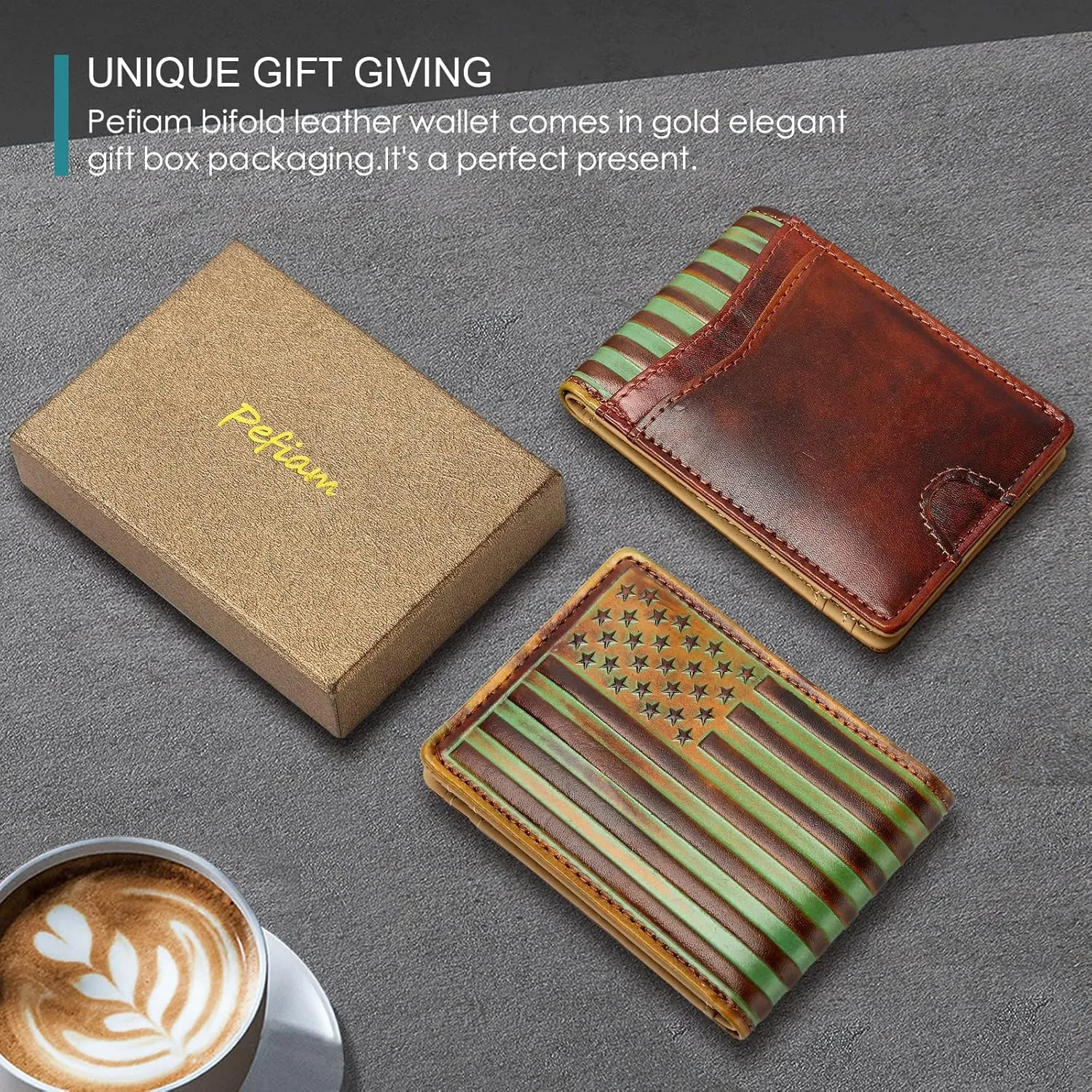 Full Grain Leather Bifold Wallet for Men - 12 Slots, RFID Blocking - USA Flag, Brown