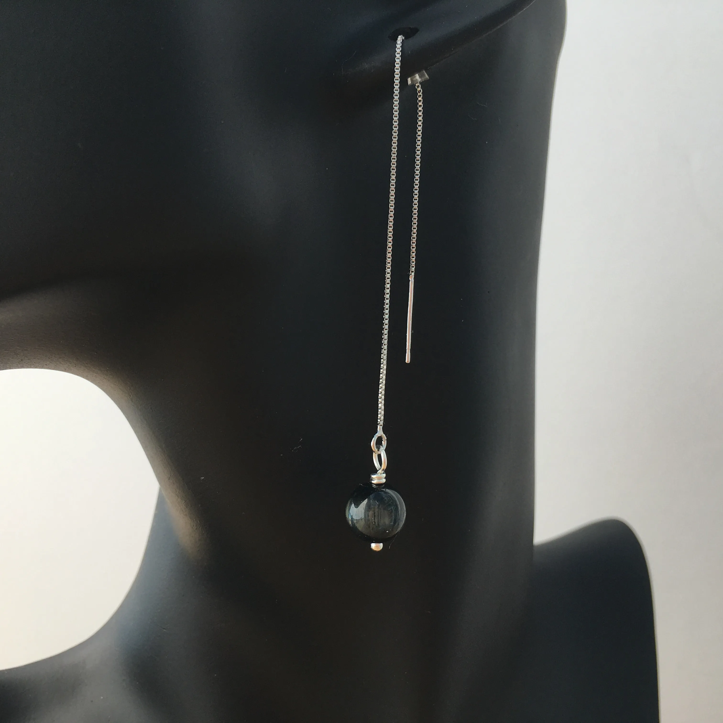 Genuine Indigo Tiger's Eye Silver Plated Threader Earrings, Pair