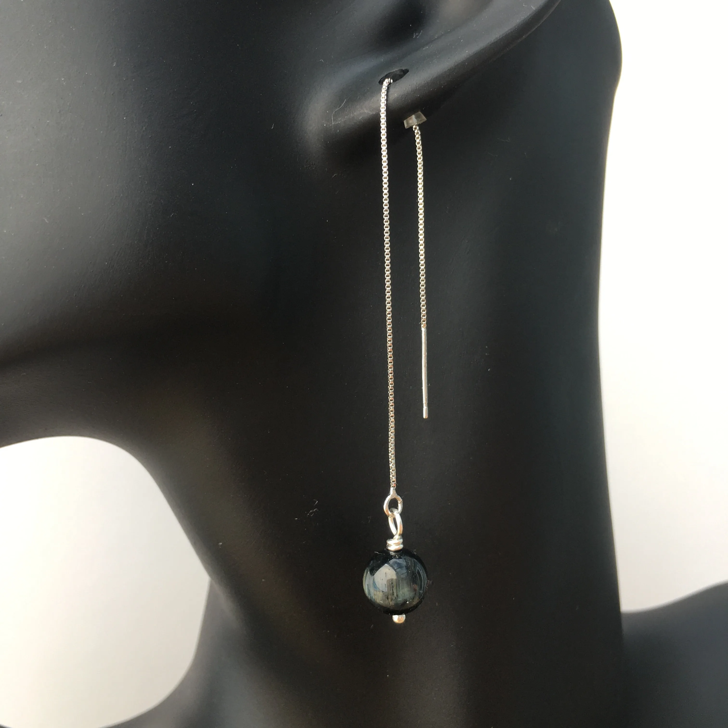 Genuine Indigo Tiger's Eye Silver Plated Threader Earrings, Pair