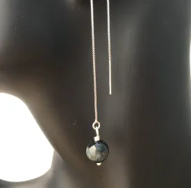 Genuine Indigo Tiger's Eye Silver Plated Threader Earrings, Pair