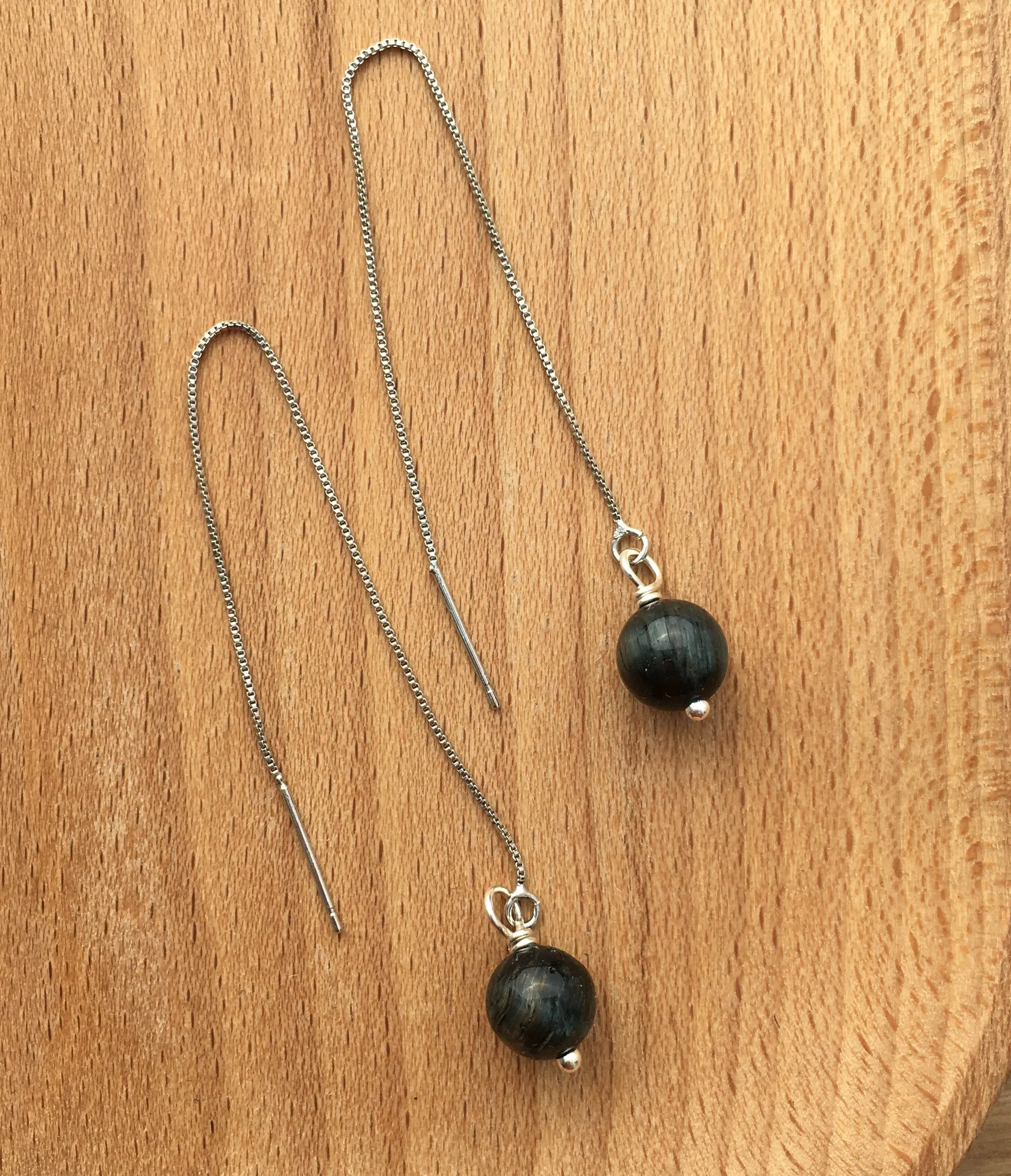 Genuine Indigo Tiger's Eye Silver Plated Threader Earrings, Pair
