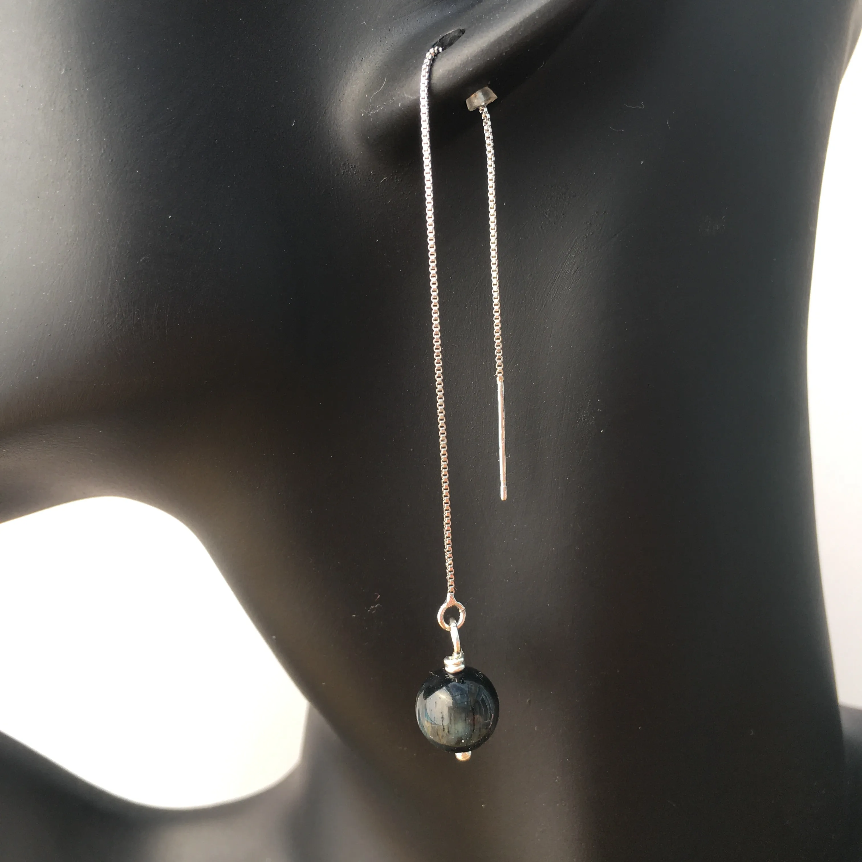 Genuine Indigo Tiger's Eye Silver Plated Threader Earrings, Pair