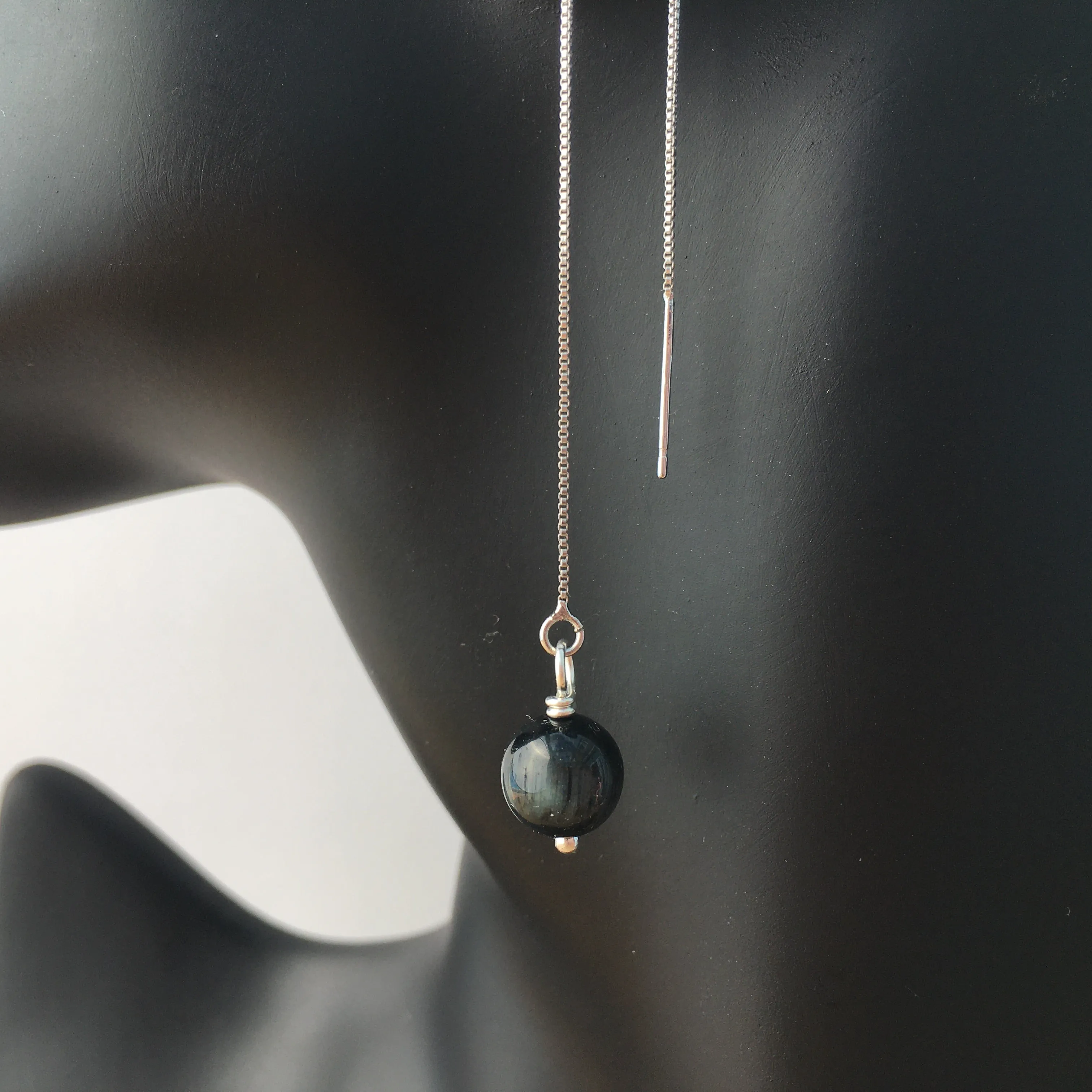 Genuine Indigo Tiger's Eye Silver Plated Threader Earrings, Pair