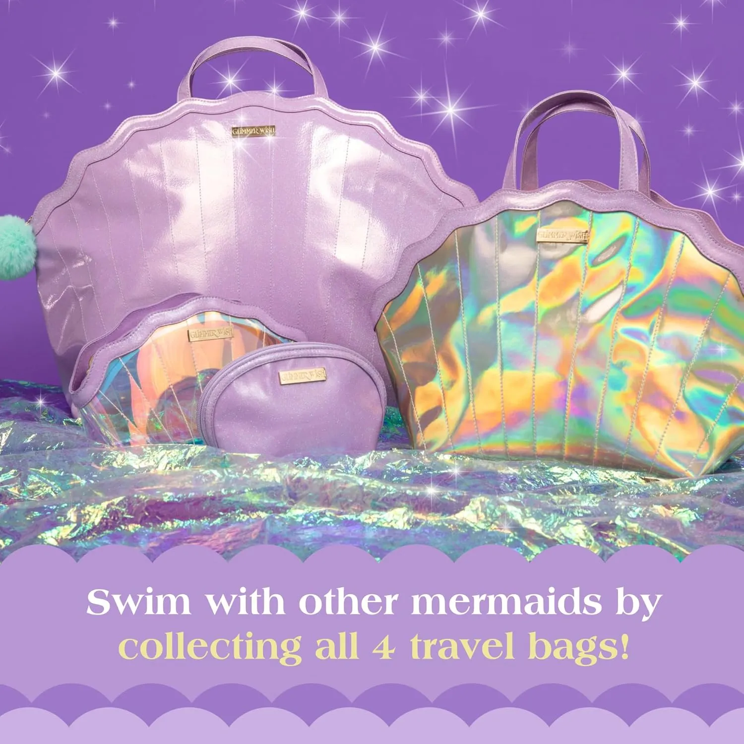 Glimmer Wish Mermaid Overnight Bag and Shell Cosmetic Bag for Essentials and Cosmetics, Secure and Organized Travel Bags, Gifts for Teens and Girls