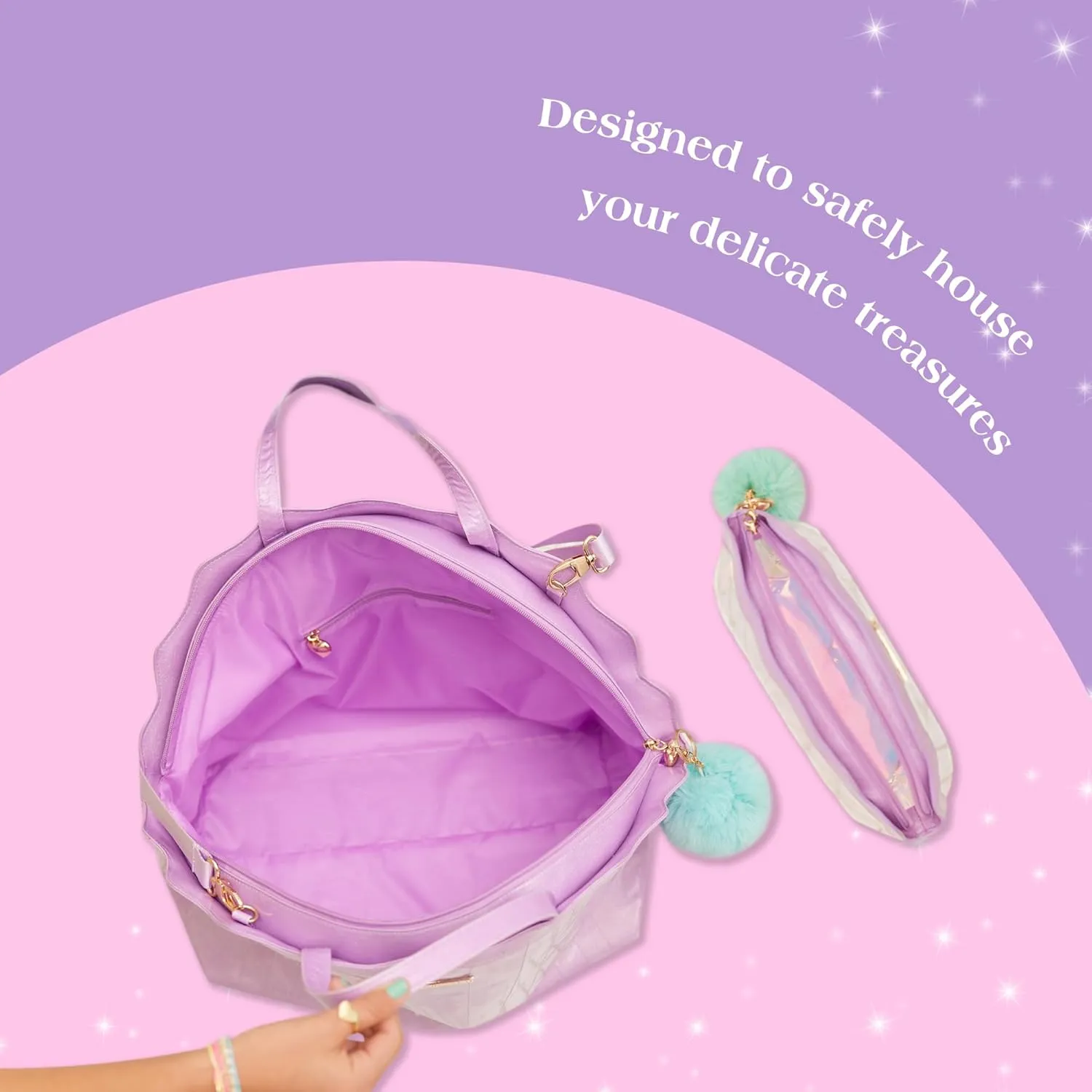 Glimmer Wish Mermaid Overnight Bag and Shell Cosmetic Bag for Essentials and Cosmetics, Secure and Organized Travel Bags, Gifts for Teens and Girls