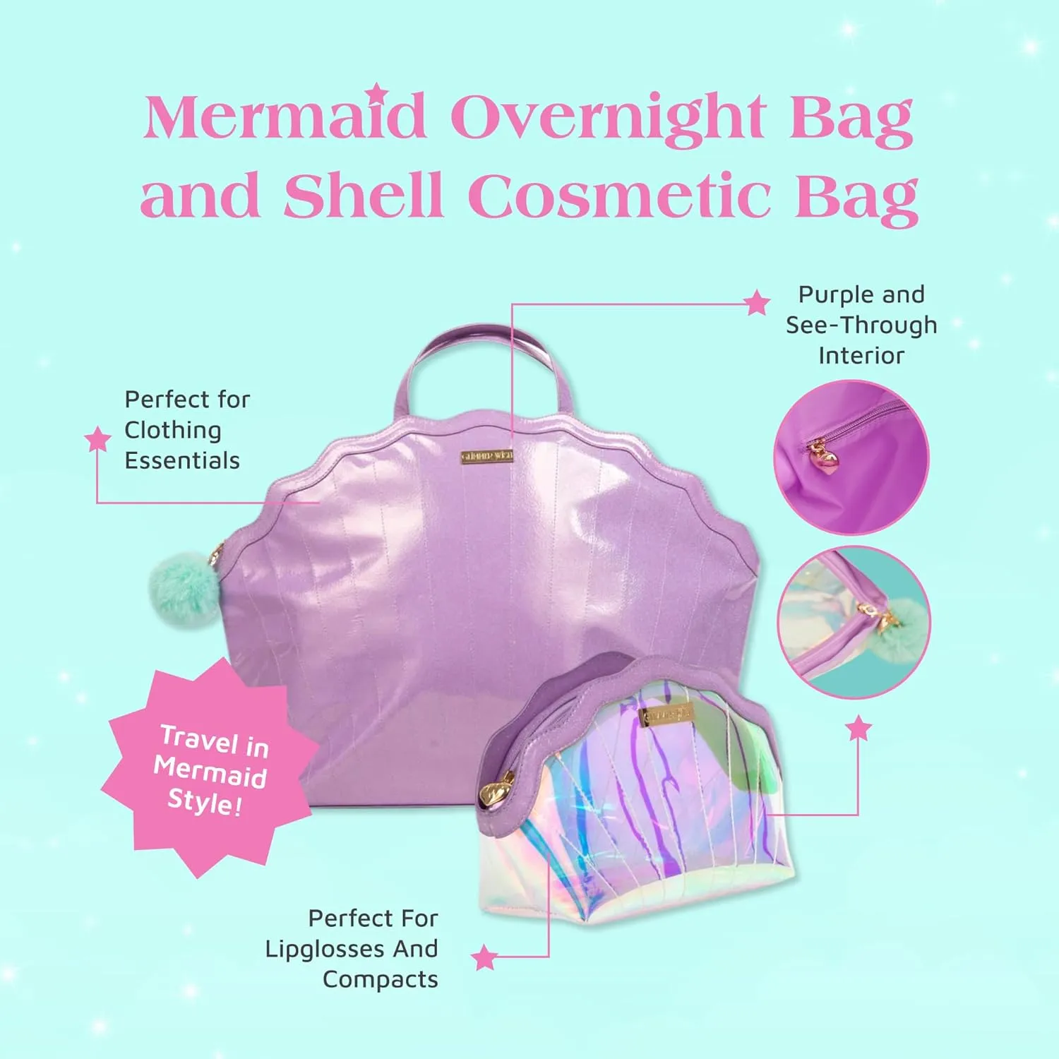 Glimmer Wish Mermaid Overnight Bag and Shell Cosmetic Bag for Essentials and Cosmetics, Secure and Organized Travel Bags, Gifts for Teens and Girls