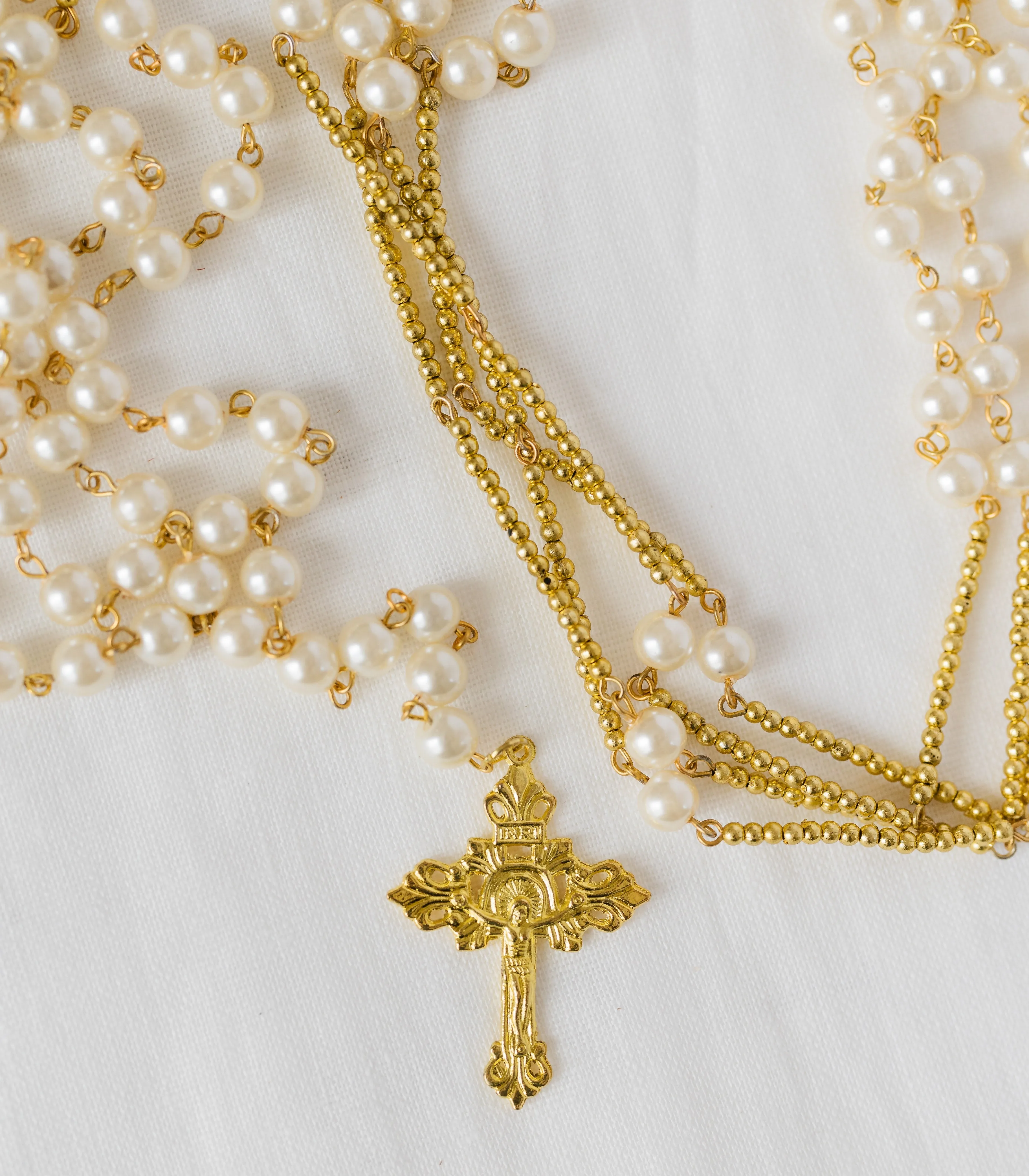 Glossy Pearl Rosary Wedding Unity Cord - Gold