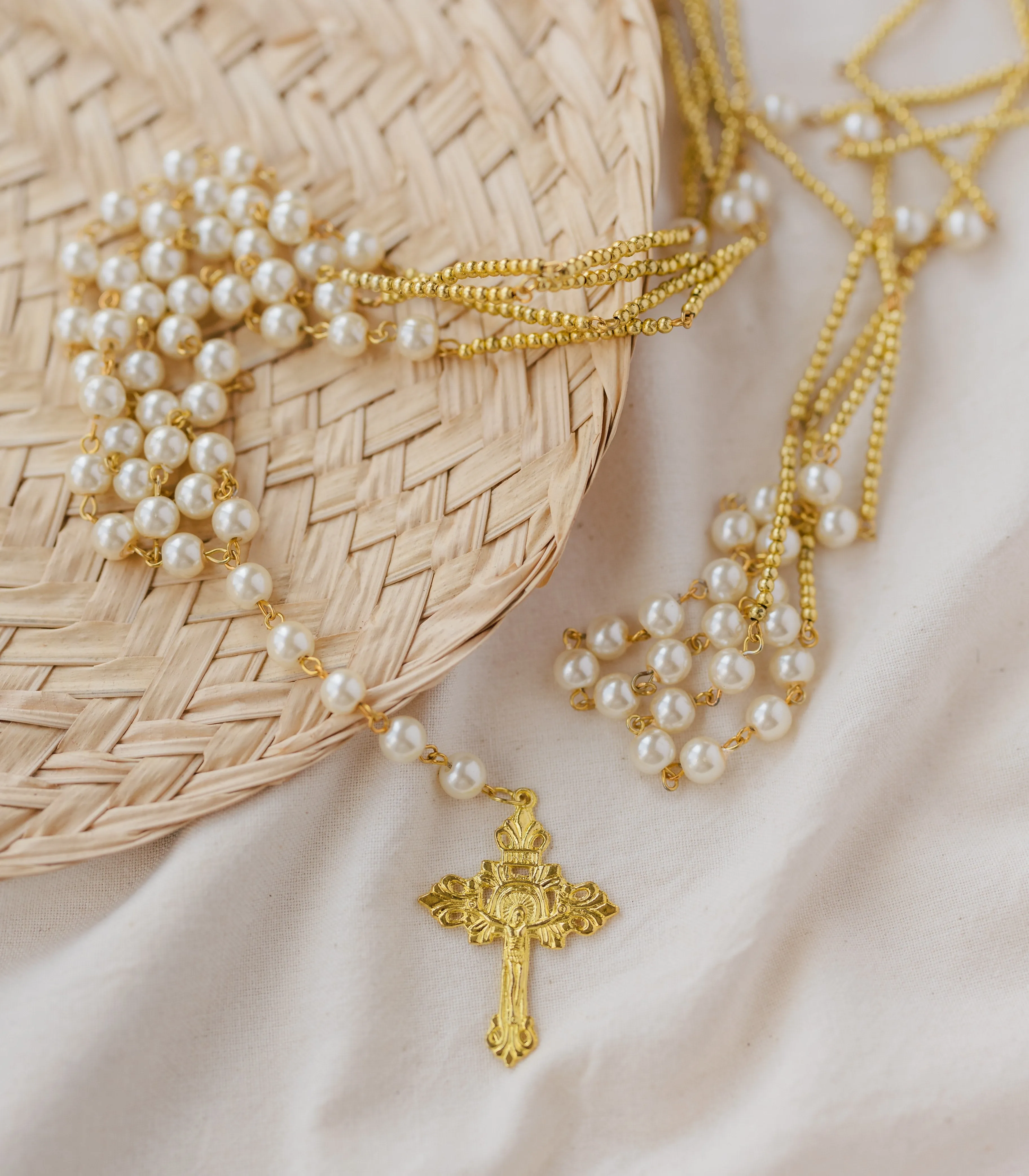 Glossy Pearl Rosary Wedding Unity Cord - Gold