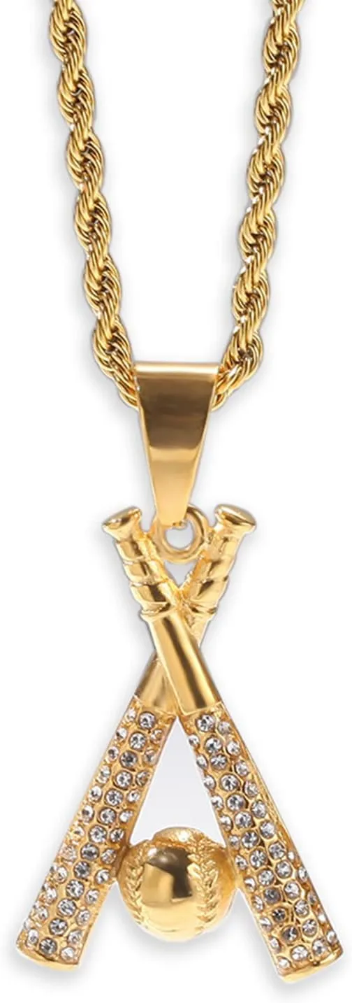 Gold Baseball Necklaces for Men Baseball Bat Cross Necklace Baseball Chain Pendant Necklace for Men Women Sports Hiphop Necklace Sport Lovers Jewelry Gifts