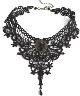 Gothic Black Lace Choker Necklace,Vintage Black Fringe Necklace Punk Style Red/Black Gem Pendant Necklace Retro Goth Lolita Choker Halloween Jewelry Witch Vampire Costume Accessories for Women