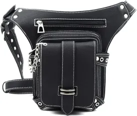 Gothic Waist Bag Fanny Pack Leather Steampunk Bag Purse Chain Leg Bag Crossbody Shoulder Messenger Hip Pouch (D51)