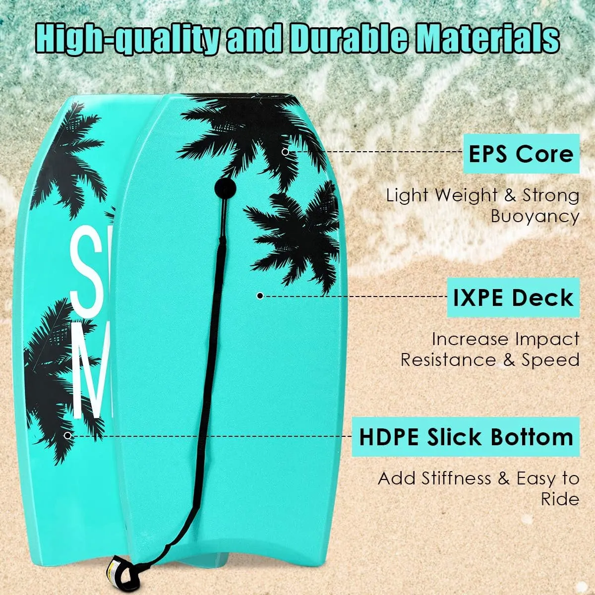 GYMAX Boogie Boards for Beach, 33"/37"/41" Body Board with EPS Foam Core, Crescent Tail, Dual Channel & Wrist Leash, Lightweight Bodyboard for Kids, Youth, Adults