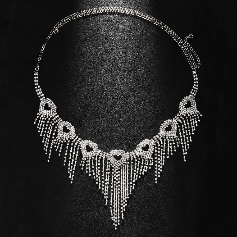 Heart Crystal Rhinestone Mesh Tassel Headpiece Wedding Head Chain Jewelry
