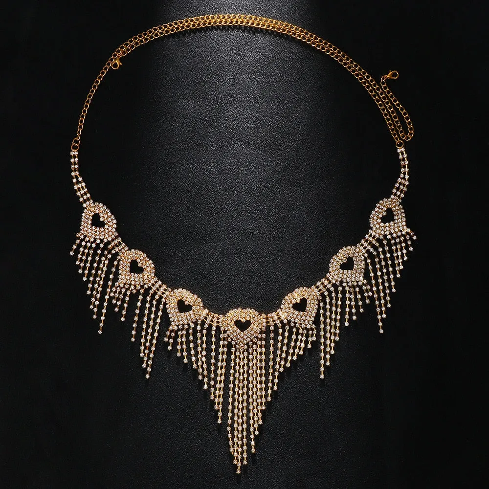 Heart Crystal Rhinestone Mesh Tassel Headpiece Wedding Head Chain Jewelry