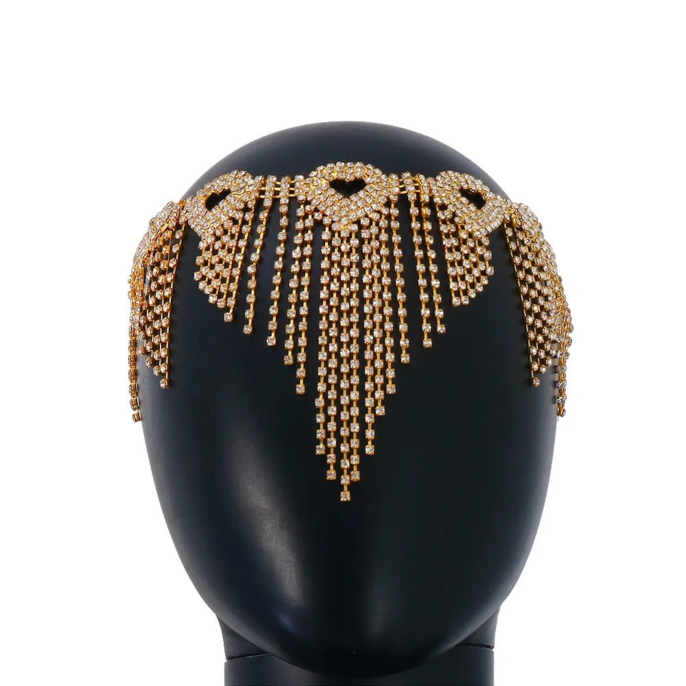 Heart Crystal Rhinestone Mesh Tassel Headpiece Wedding Head Chain Jewelry