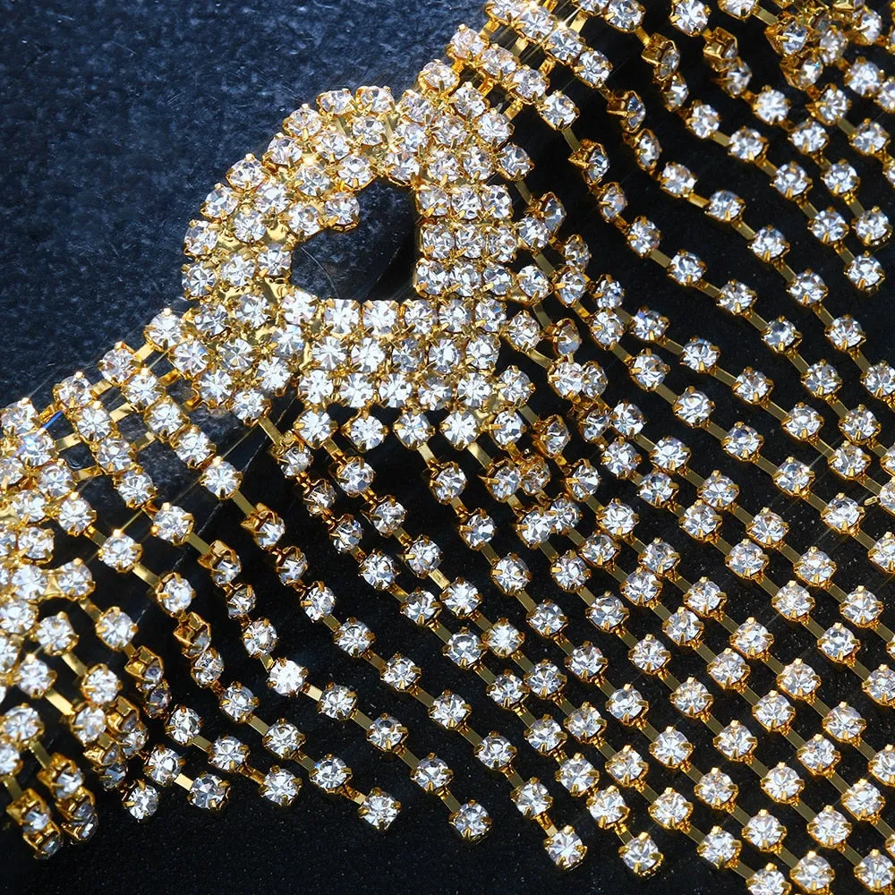 Heart Crystal Rhinestone Mesh Tassel Headpiece Wedding Head Chain Jewelry